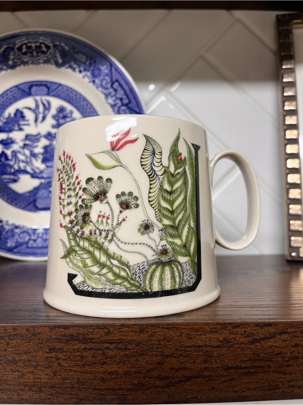 Anthropologie Botanical Ceramic Mug in Green, Cream and Red